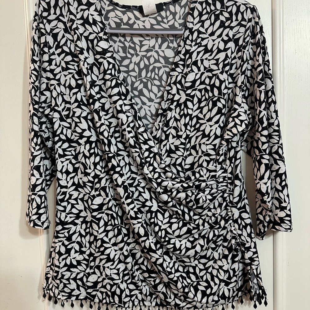 MSK Monochrome Leaf Print Wrap Blouse